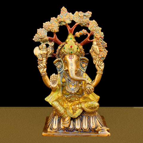 14.2-inch Lord Ganesha brass murti sitting under a beautifully crafted tree, symbolizing wisdom, protection, and prosperity. India’s Largest Brass Idols Brand - www.satvikstore.in
