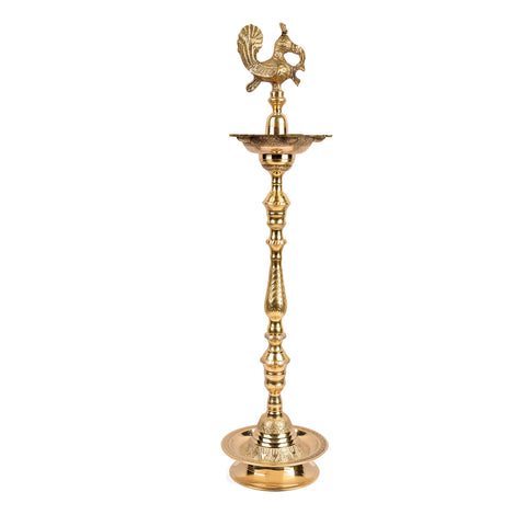 36 Inch Brass Kerala Peacock Samai Deepam Inauguration Lamp – Handcrafted Kerala samai deepam with an intricate peacock design, ideal for grand inaugurations, pooja ceremonies, and festive occasions. India’s Largest Pooja Accessories Brand – www.satvikstore.in