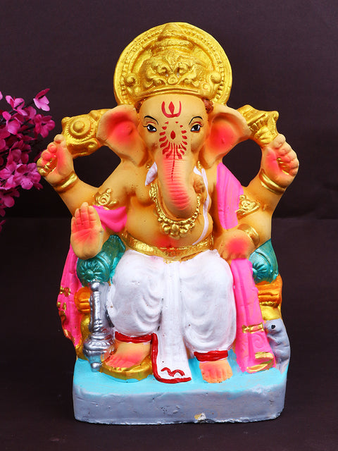 8.6-inch Bhupati eco-friendly Ganesha idol seated in a divine pose, made from shadu mati and adorned with eco-safe festive detailing. India’s Largest Pooja Accessories Brand – www.satvikstore.in

