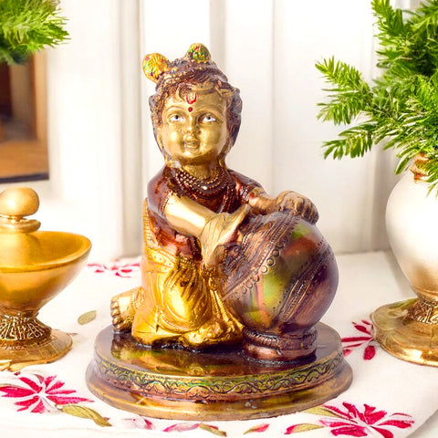 5.5 Inch Handcrafted Brass Bal Gopal Makhan Chor Statue – Intricately Designed Idol of Baby Krishna Stealing Butter, Symbolizing Innocence, Playfulness, and Divine Charm, Ideal for Home Temple and Decor. No.1 Brass Idol Store www.satvikstore.in 