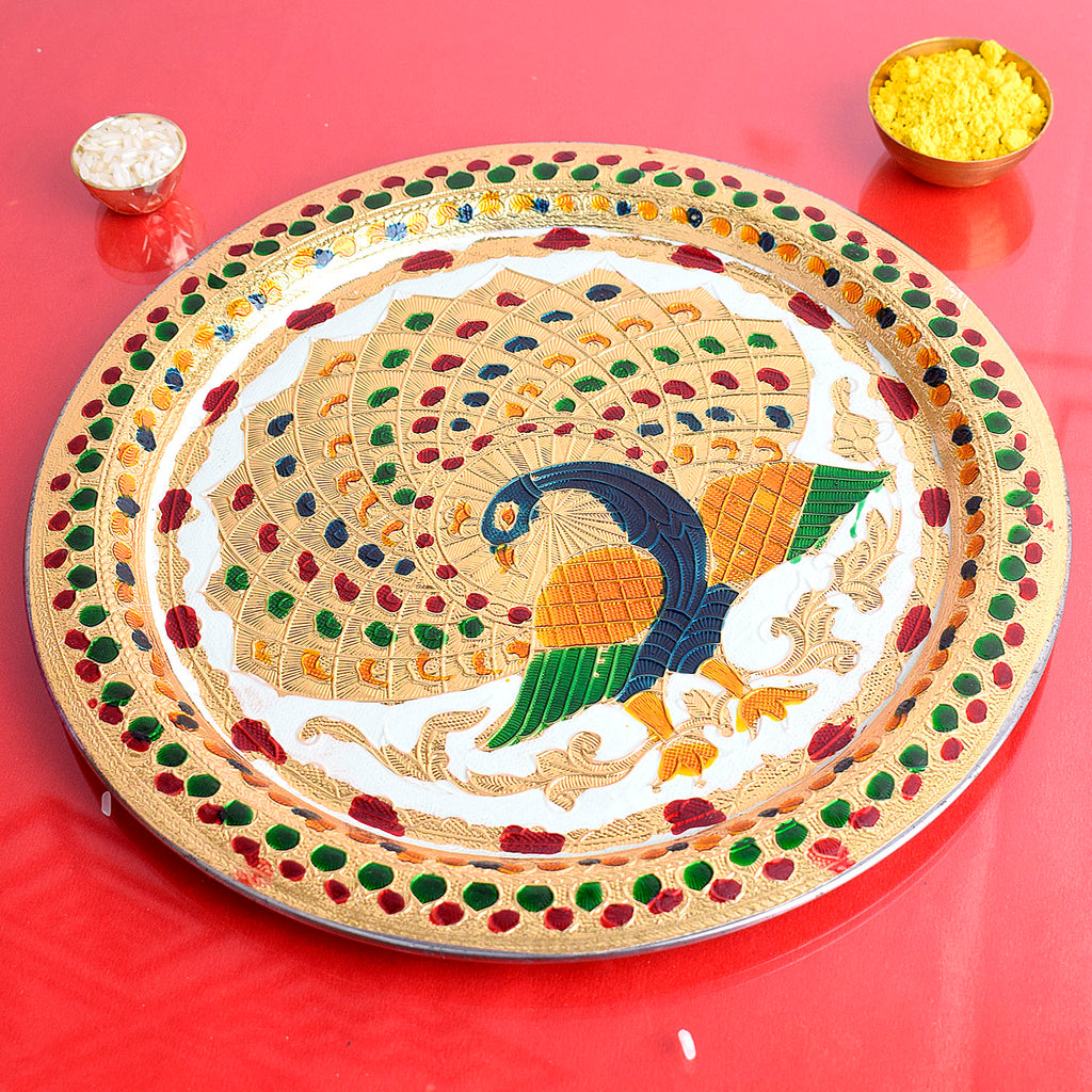 Decorative Stainless Steel Peacock Thali Puja Store Online Pooja Items Online Puja Samagri Pooja Store near me www.satvikstore.in