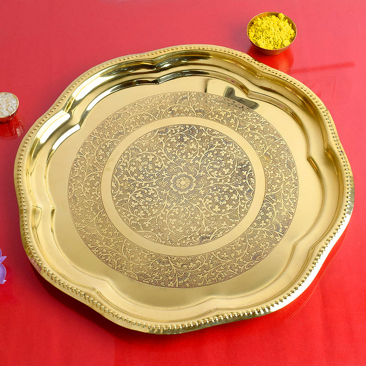 9.5 Inch Brass Decorative Enrgaved Aarti Puja Thali Puja Store Online Pooja Items Online Puja Samagri Pooja Store near me www.satvikstore.in