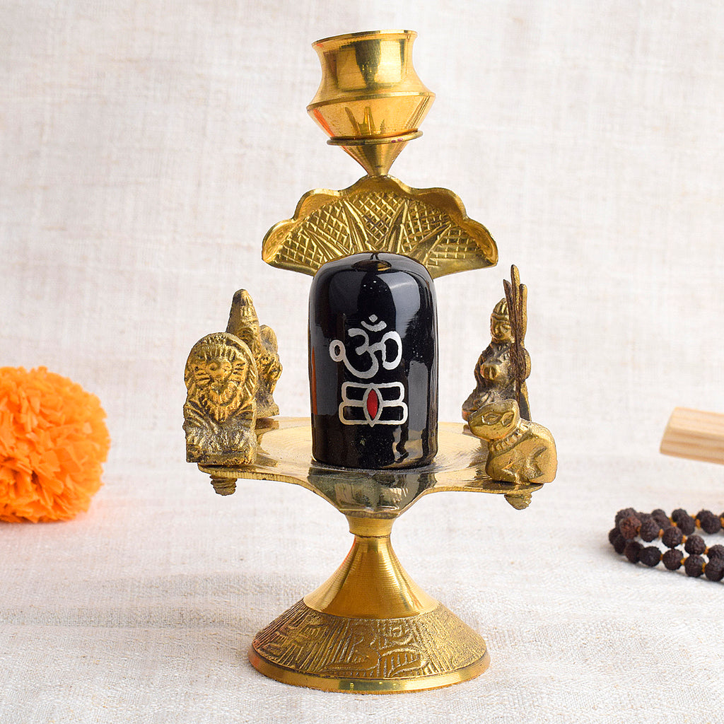 Pure Brass Shivling with Goddess Parvati, Ganesha, Kartike with Nandi