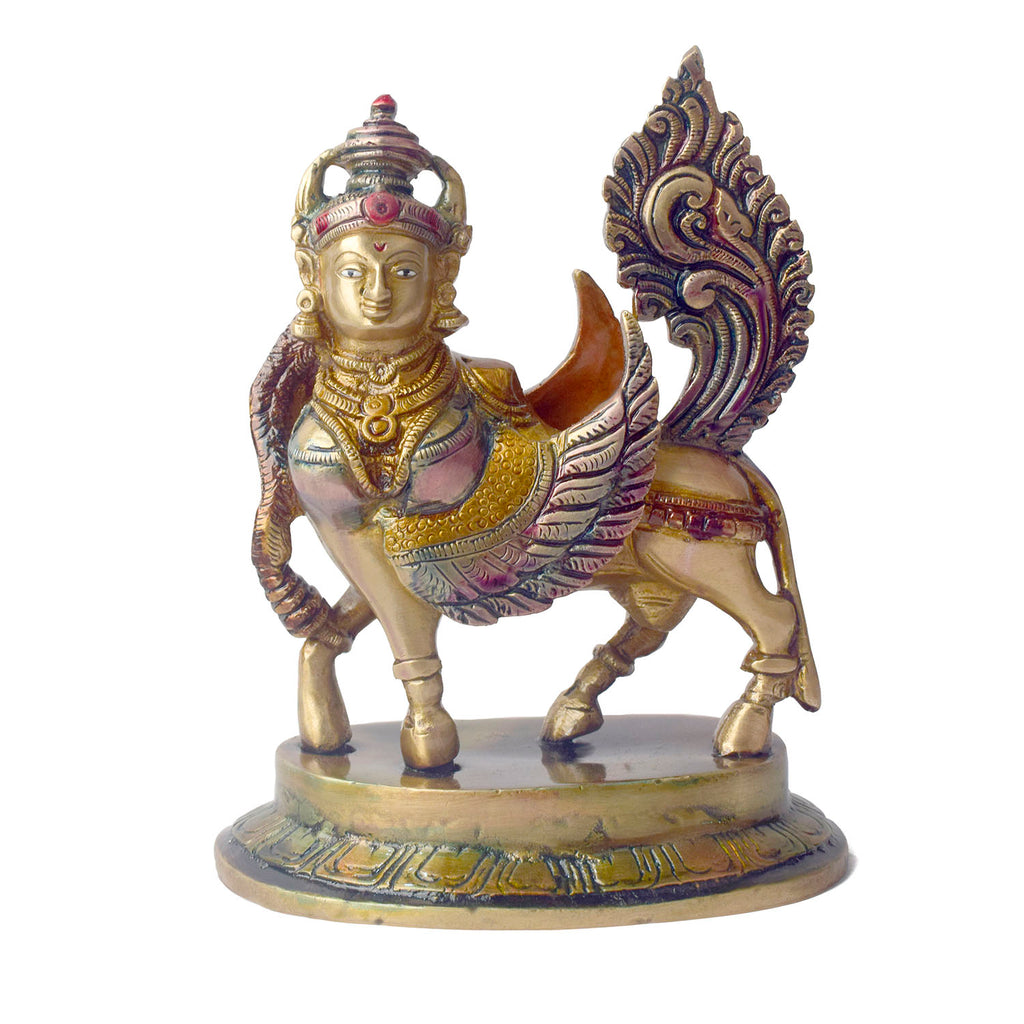  The "6.5 Inch Brass Kamdhenu Cow Statue" is a beautifully crafted representation of Kamdhenu, the sacred wish-fulfilling cow in Hindu mythology. Standing at 6.5 inches tall, this intricately designed statue is made from high-quality brass, showcasing exquisite detailing that highlights Kamdhenu's divine form, with a peaceful and nurturing presence. 