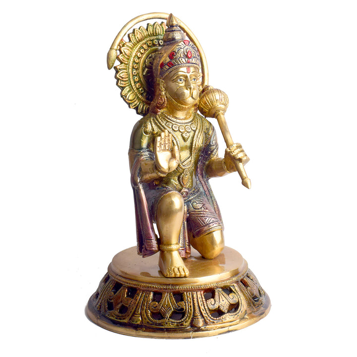  The "10.6 Inch Brass Hanuman Idol – Protector of Courage and Faith" is a stunningly detailed representation of Lord Hanuman, the embodiment of strength, devotion, and unwavering courage. 