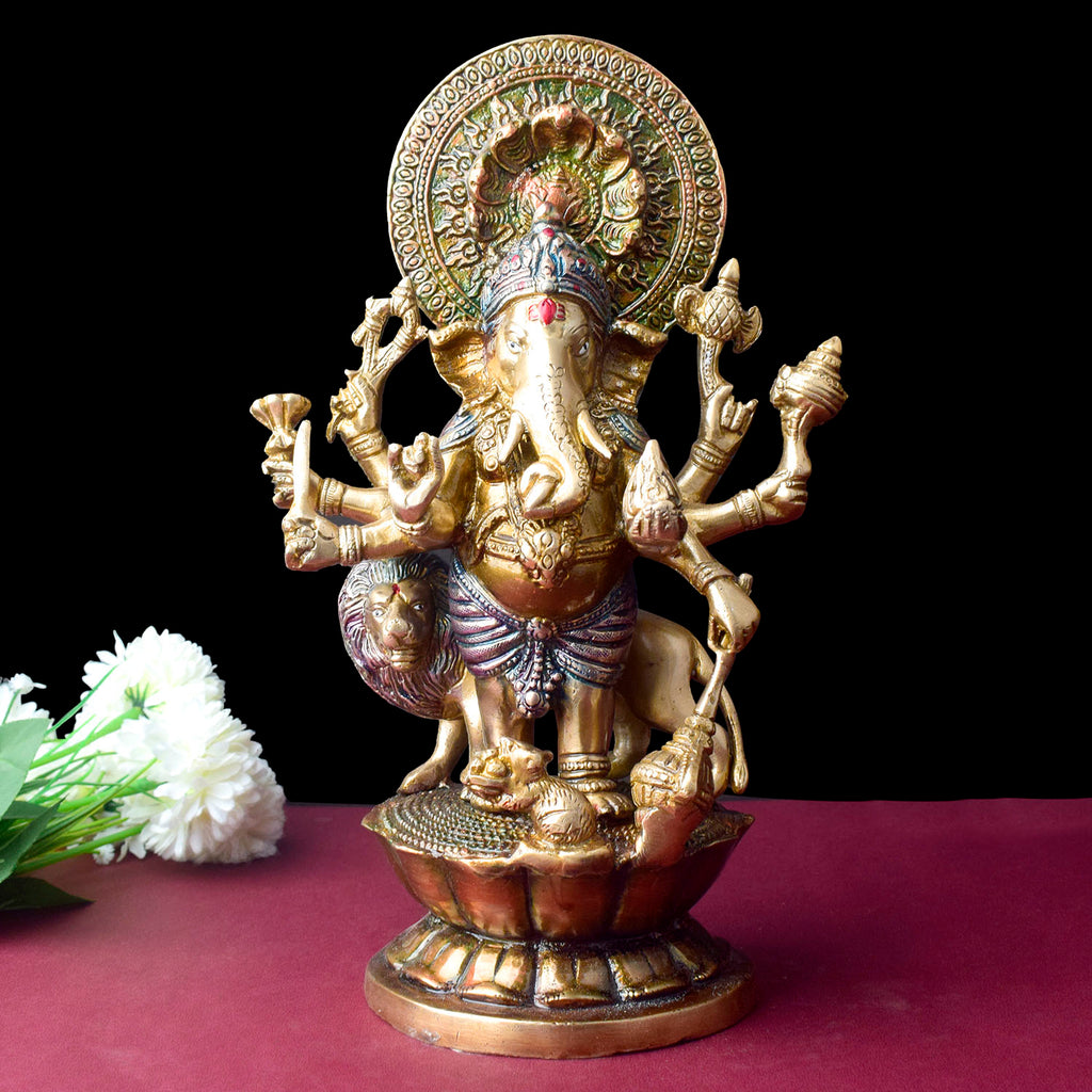 The "11.6 Inch Ganesh Idol" is a majestic and detailed representation of Lord Ganesha, embodying divine presence, prosperity, and new beginnings. Standing at 11.6 inches tall, this idol features intricate craftsmanship, capturing Ganesha’s serene expression and symbolic attributes, including his axe, lotus, and modak.