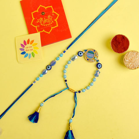 Designer Couple Rakhi Set for Bhaiya and Bhabhi with Roli Chawal and Ram Sita Stickers – Raksha Bandhan Gift Combo. India’s Largest Brass Idols Brand - www.satvikstore.in