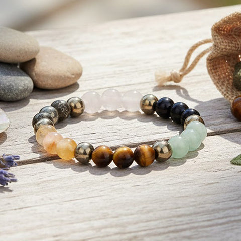 Dhan yog money magnet healing stone bracelet with pyrite aventurine citrine tiger eye clear quartz beads. India’s Largest Pooja Accessories Brand - www.satvikstore.in