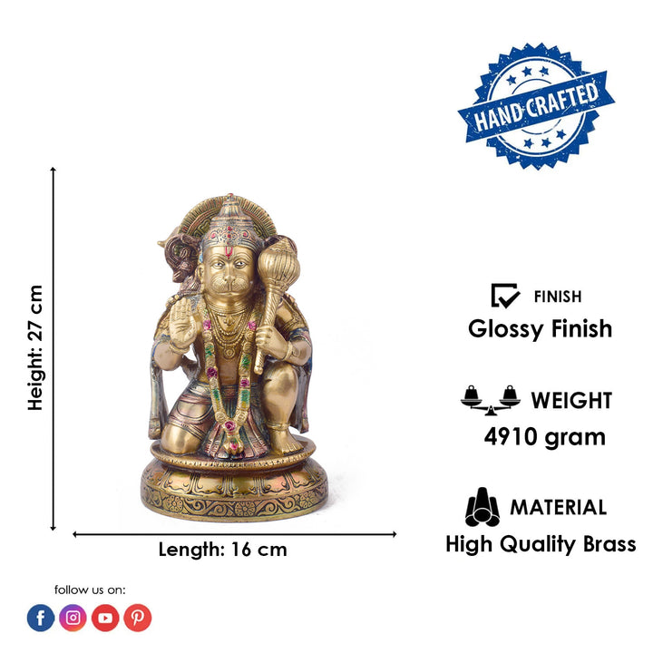 The "10.6 Inch Brass Hanuman Idol – Protector of Courage and Faith" is a stunningly detailed representation of Lord Hanuman, the embodiment of strength, devotion, and unwavering courage.