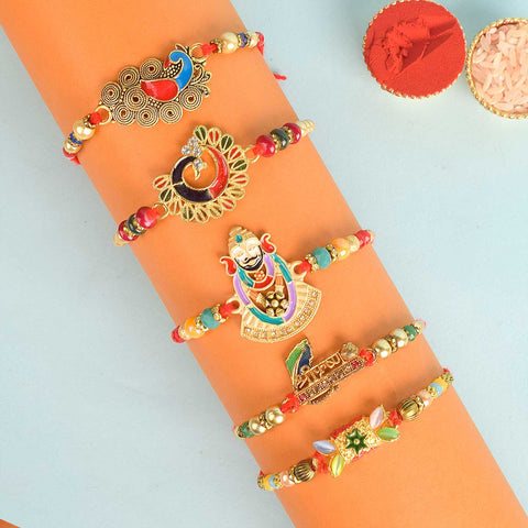Set of 5 Designer Rakhi Threads with Roli Chawal and Ram Sita Stickers for Raksha Bandhan Celebration. India’s Largest Pooja Accessories Brand - www.satvikstore.in