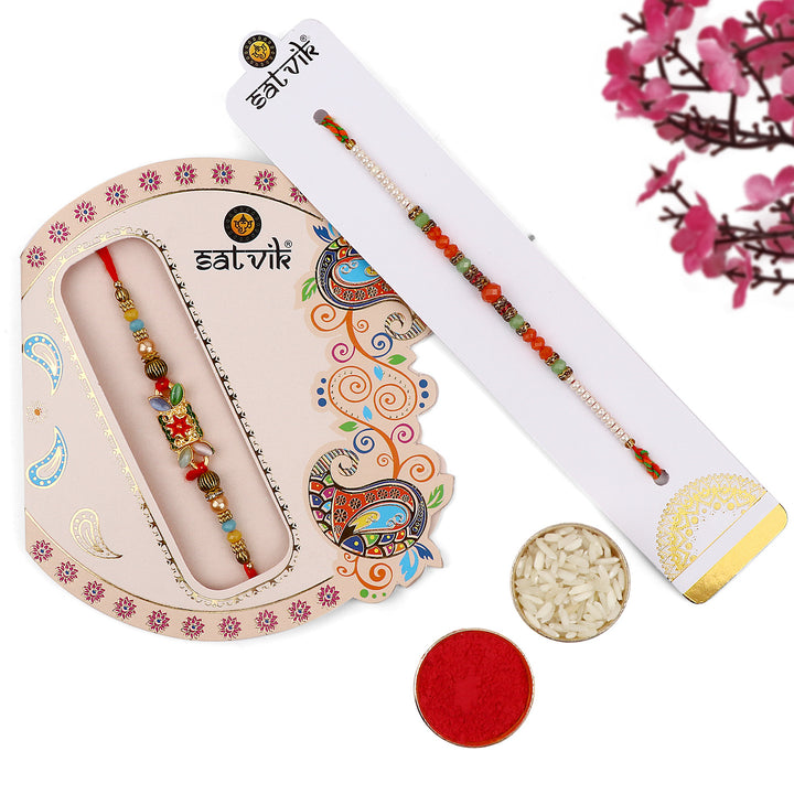 Explore our exquisite collection of Rakhi online 2023. Choose from a stunning Rakhi set of 2, perfect for brothers, bhaiya, and bhai. Shop designer Rakhi and beautiful Rakhi online to send Rakhi abroad. Celebrate with Indian Rakhi and find the perfect Rakhi gift at SatvikStore.in."