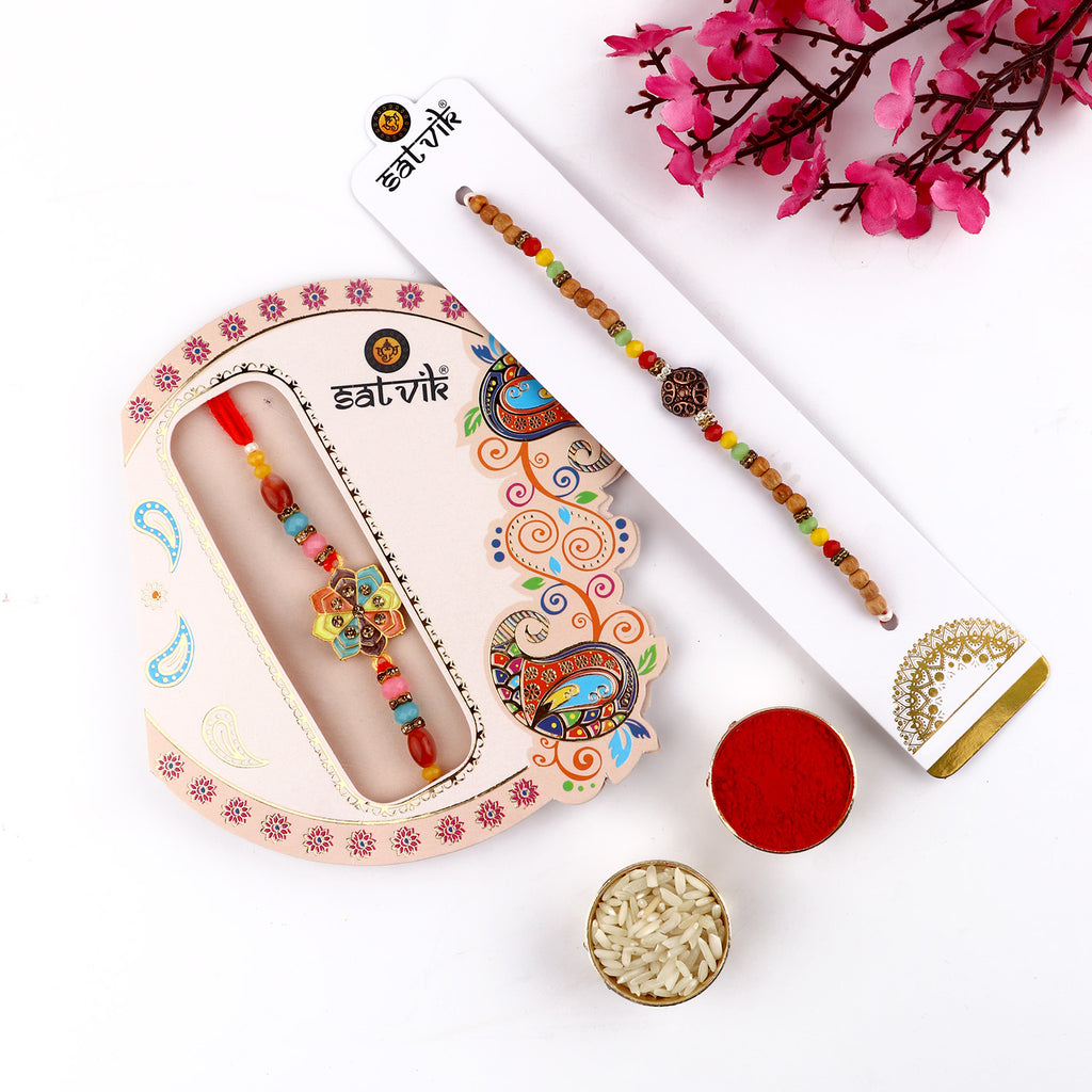 Browse our exclusive collection of Rakhi online 2023. Choose a stunning Rakhi set of 2 for your beloved brother, bhaiya, or bhai. Discover designer Rakhi and beautiful Rakhi options. Send Rakhi and Rakhi combos abroad with ease. Explore Indian Rakhi and find the perfect Rakhi gift at SatvikStore.in."