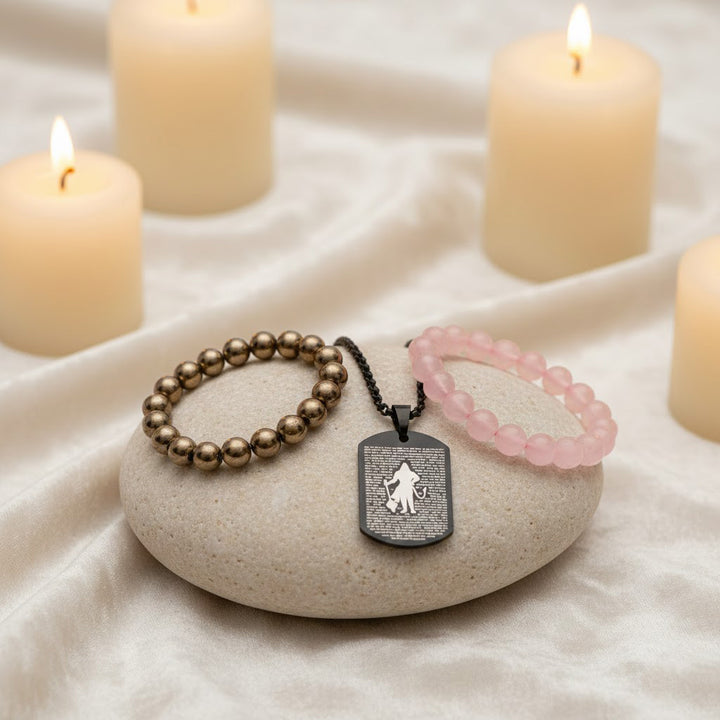 rose quartz bracelet golden pyrite bracelet black obsidian evil eye bracelet hanuman chalisa pendant love protection prosperity combo. India’s Largest Puja Accessories Brand- www.satvikstore.in