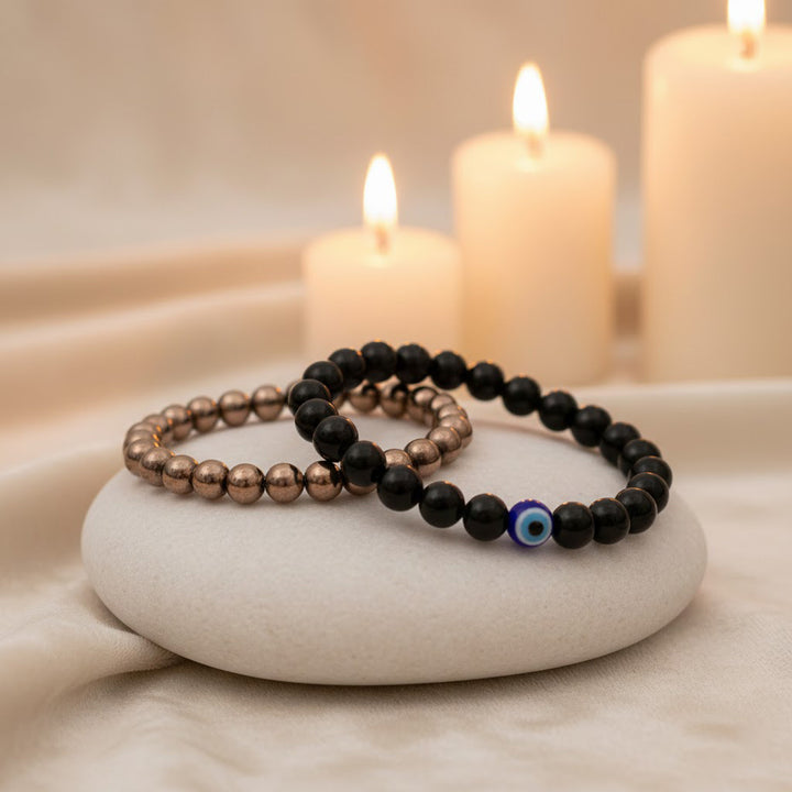 black obsidian evil eye bracelet golden pyrite bracelet protection prosperity combo. India’s Largest Puja Accessories Brand- www.satvikstore.in