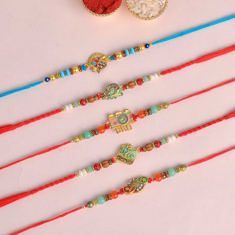 Set of 5 Designer Rakhi Threads with Roli Chawal and Ram Sita Stickers for Raksha Bandhan Celebration. India’s Largest Pooja Accessories Brand - www.satvikstore.in