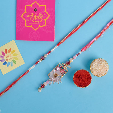 Designer Couple Rakhi Set for Bhaiya and Bhabhi with Roli Chawal and Ram Sita Stickers – Raksha Bandhan Gift Combo. India’s Largest Brass Idols Brand - www.satvikstore.in