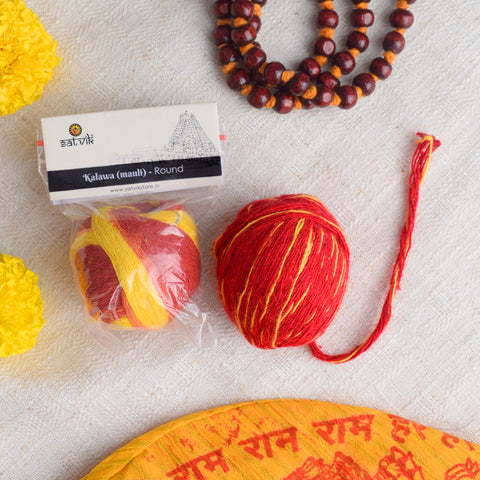 Pure Cotton Round Mauli Thread (Kalawa) is a traditional sacred thread used in Hindu rituals and religious ceremonies. It symbolizes protection, devotion, and blessings during poojas and festive occasions – India’s Largest Pooja Accessories Brand – www.satvikstore.in