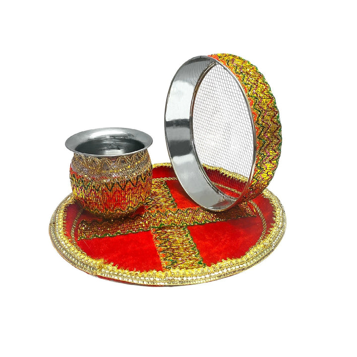 Karwachauth Thali Set with Calender (4 Pc) Puja Store Online Pooja Items Online Puja Samagri Pooja Store near me www.satvikstore.in