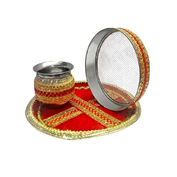 Karwachauth Thali Set with Calender (4 Pc) Puja Store Online Pooja Items Online Puja Samagri Pooja Store near me www.satvikstore.in