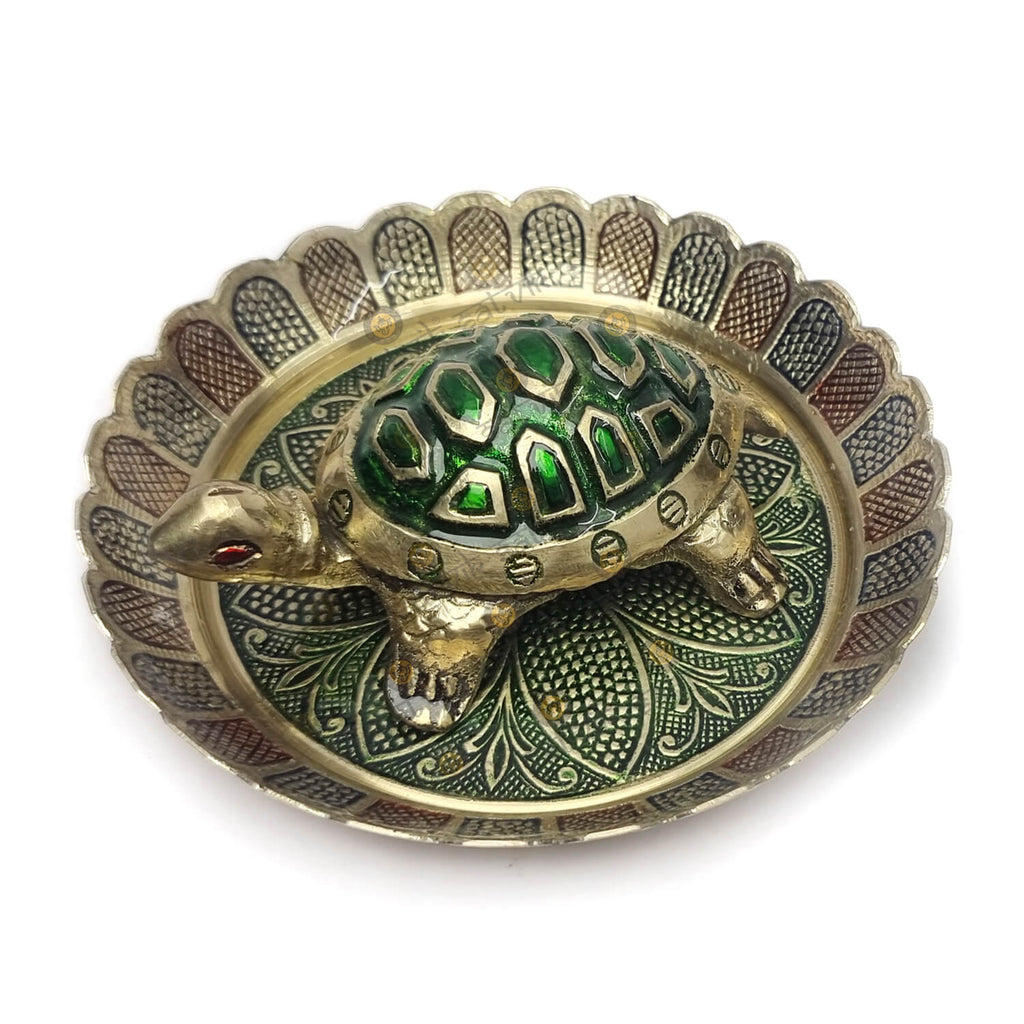 Brass Colored Turtle with Nakashi Plate/Tray Puja Store Online Pooja Items Online Puja Samagri Pooja Store near me www.satvikstore.in