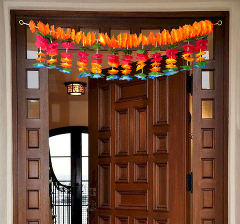 Artificial Flower Bandarwal Toran Design-14 with vibrant floral garland and golden accents for door decoration. India’s Largest Pooja Accessories Brand – www.satvikstore.in