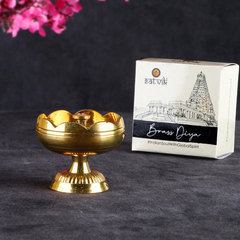 Designer Pure Brass Diya (Small) – Intricately crafted small brass oil lamp for pooja rituals, home temple, and festive decoration. India’s Largest Pooja Accessories Brand – www.satvikstore.in